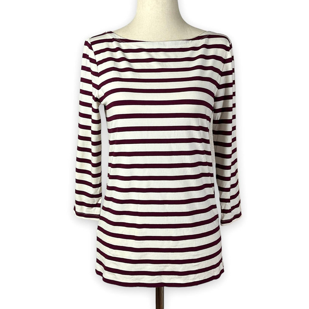 Ann Taylor Burgundy Breton Stripe Stretchy Top 3/4 Sleeves XS